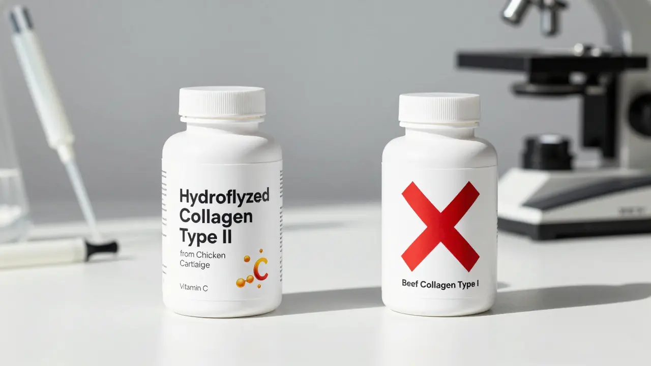 Dvě láhve doplňků: hydrolyzovaný kolagen typu II z kuřecí chrupavky vs. hovězí kolagen typu I.