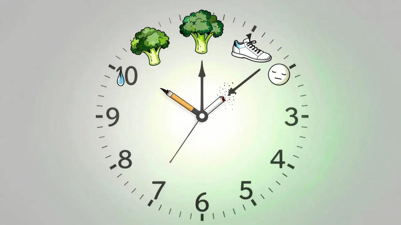 Hodiny s symboly zdravých návyků, kde se cigaretka mění v prach, pozadí přechází z šedi do zeleně.