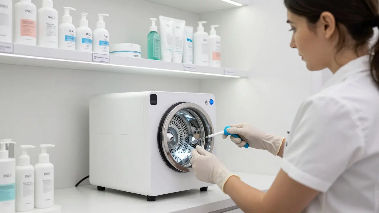 Kosmetička dezinfikuje nástroje v autoklávu ve sterilní místnosti s viditelnými INCI štítky kosmetiky.