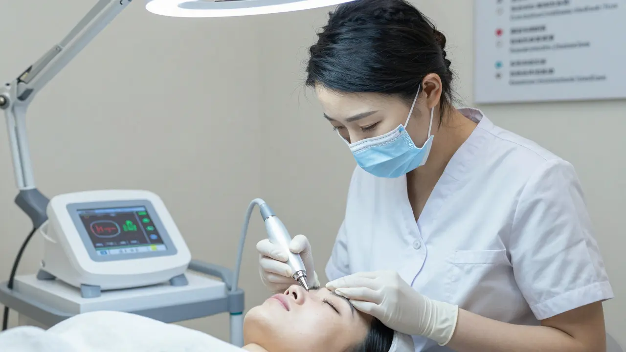 Kosmetička provádí mikrodermabrazi s ovládáním parametrů přístroje a viditelnými kontraindikacemi na stěně.