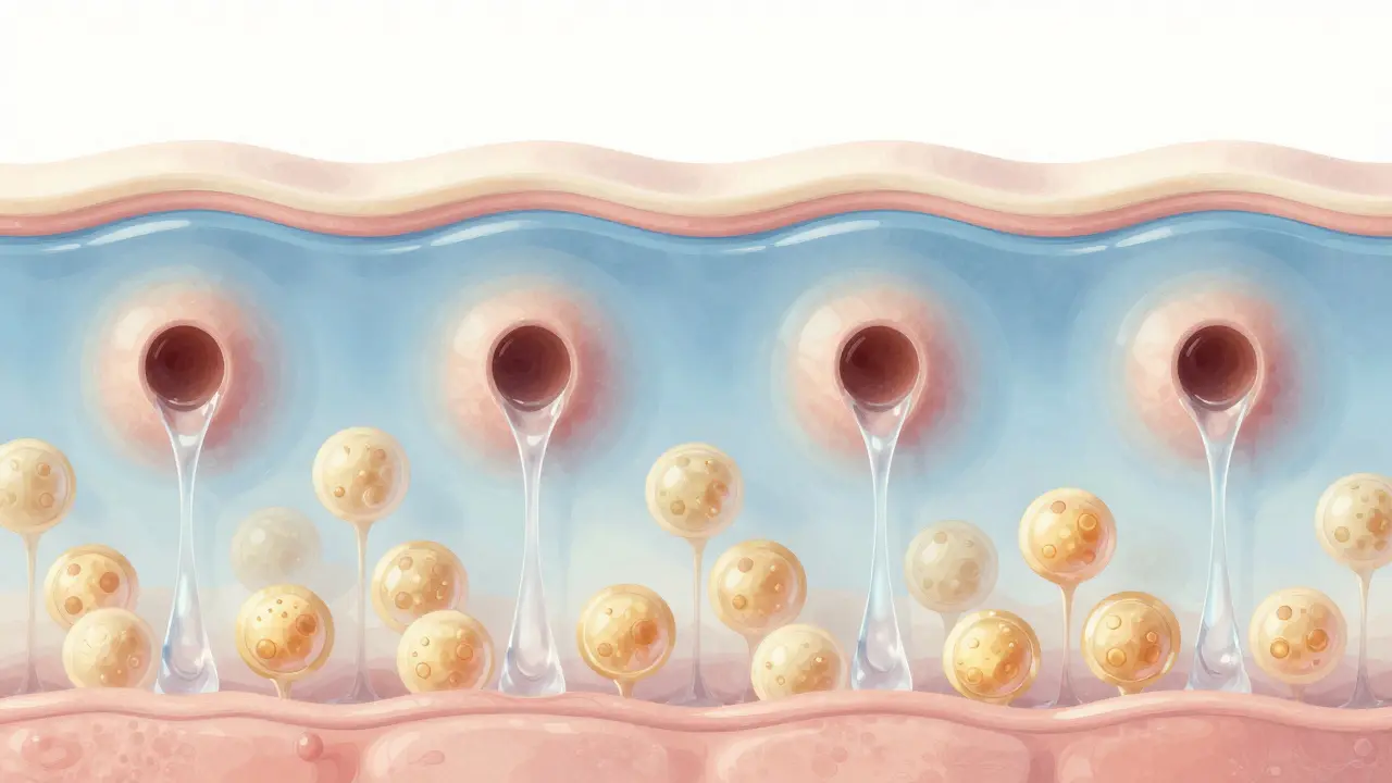 Křížový řez kůže ukazující postupné otevírání pórů během regenerace.