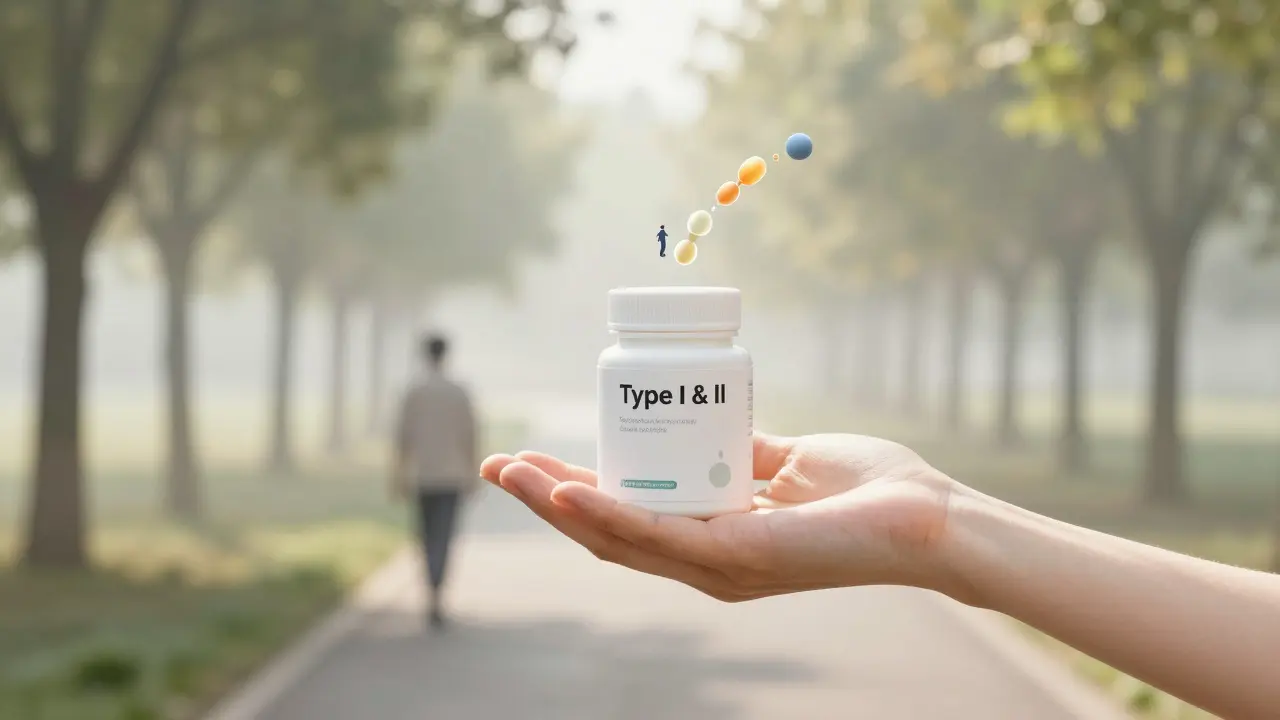 Nádoba s kolagenem typu I a II, s mikroskopickými peptidy, které vstupují do kloubu, za přírodního pozadí.