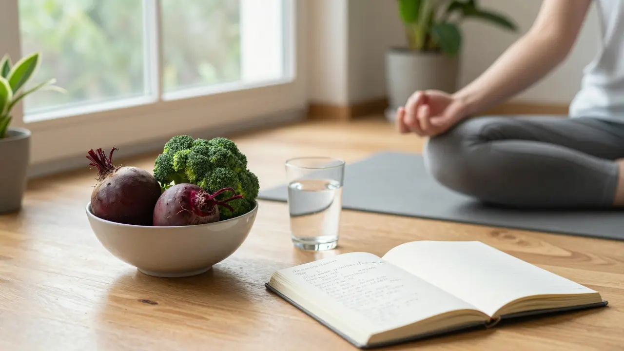 Osoba meditující v klidném prostředí s přirozenými potravinami a záznamy o zdraví.