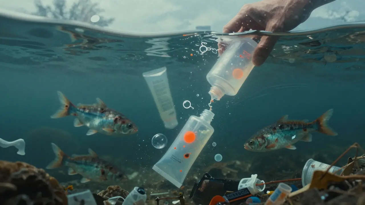 Podvodní ekosystém znečištěný kosmetickými látkami a plastovými obaly.