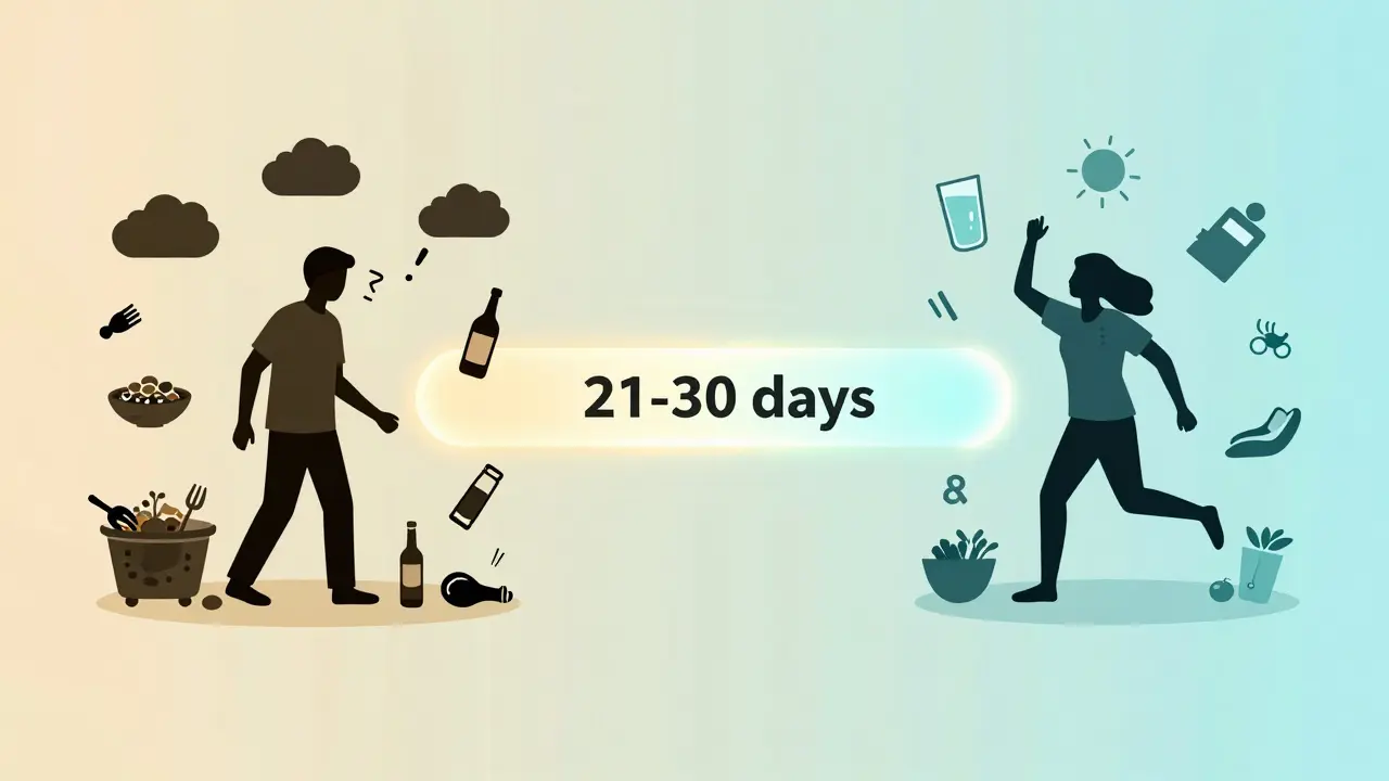 Přechod od nezdravého životního stylu k zdravému během 21 dní s vizekálními symboly.