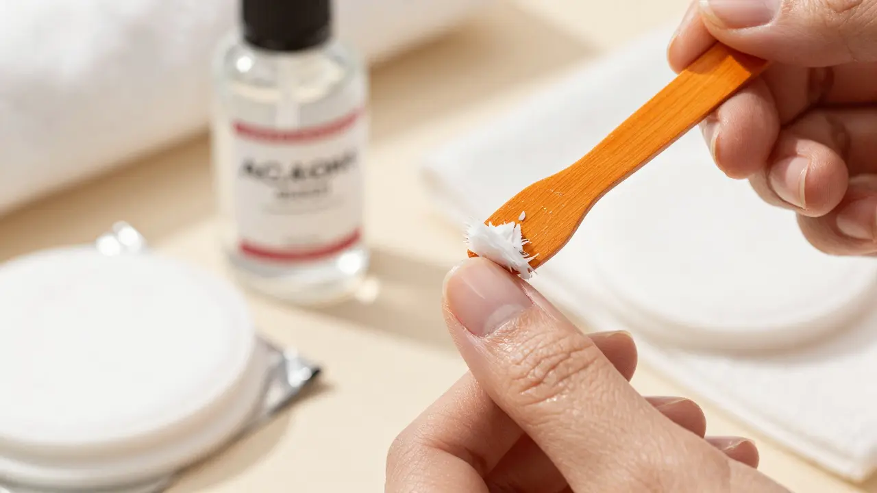 Přesný detail ruky, kde se lak Shellac jemně odstraňuje dřívkem bez poškození nehtové desky.