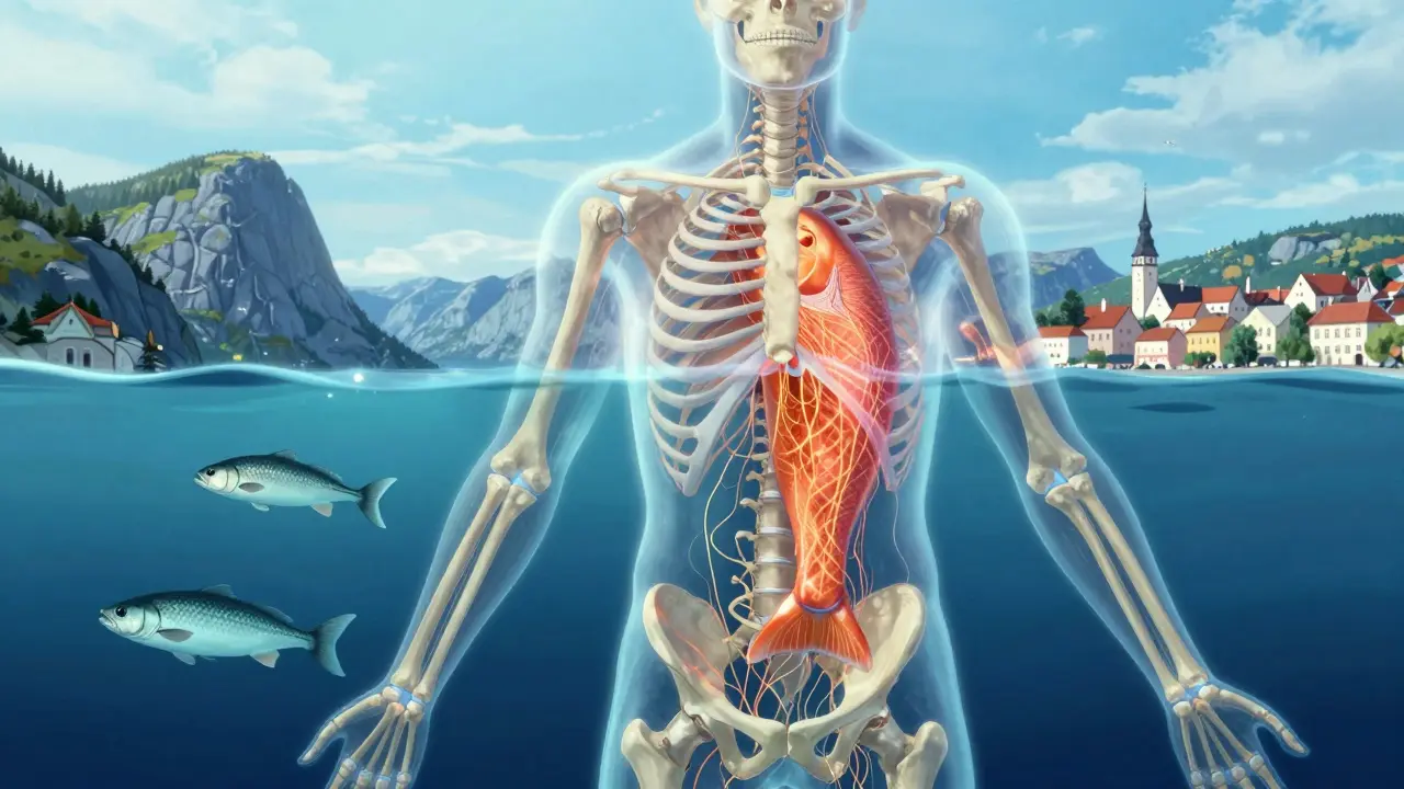 Průhledný lidský tělo s mořským kolagenem integrovaným do pokožky, kloubů a kostí nad mořem.