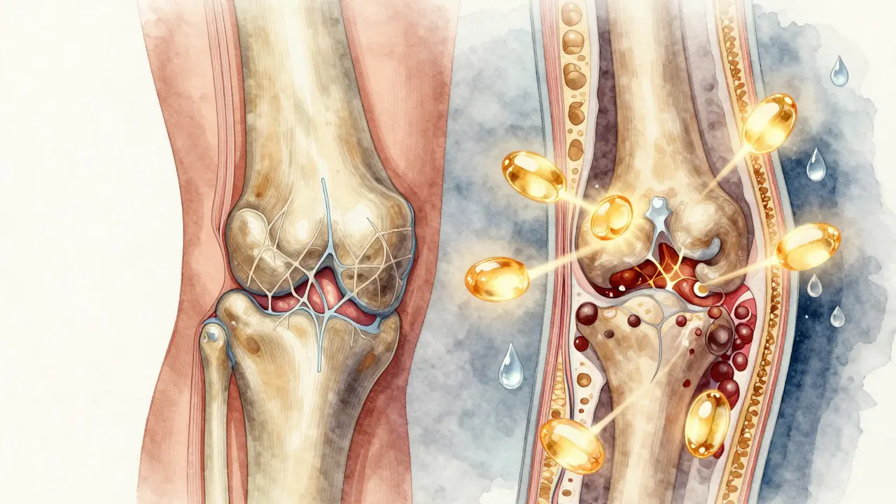 Průřez kloubem s viditelnými kolagenovými vlákny a molekulami vitaminu C, ilustrující regeneraci chrupavky.