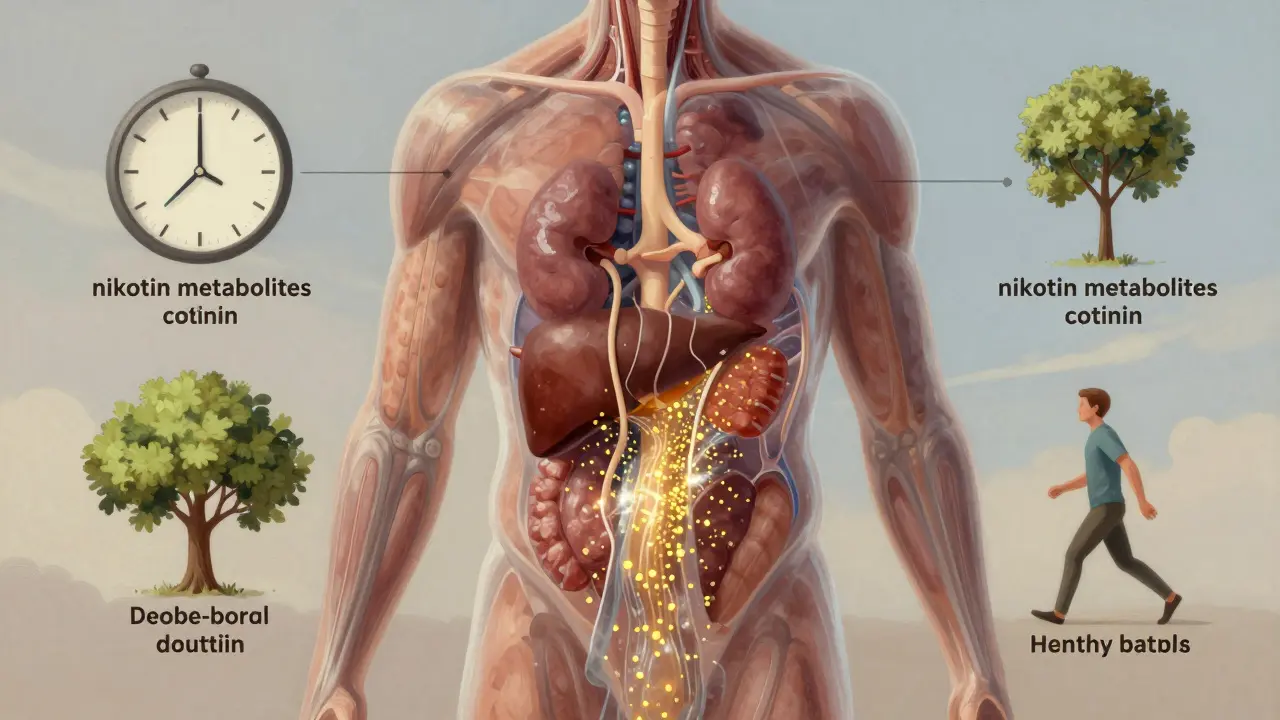 Průřez tělem s odstraňováním nikotinových metabolitů přes ledviny a játra, doprovázený symboly zdravého životního stylu.