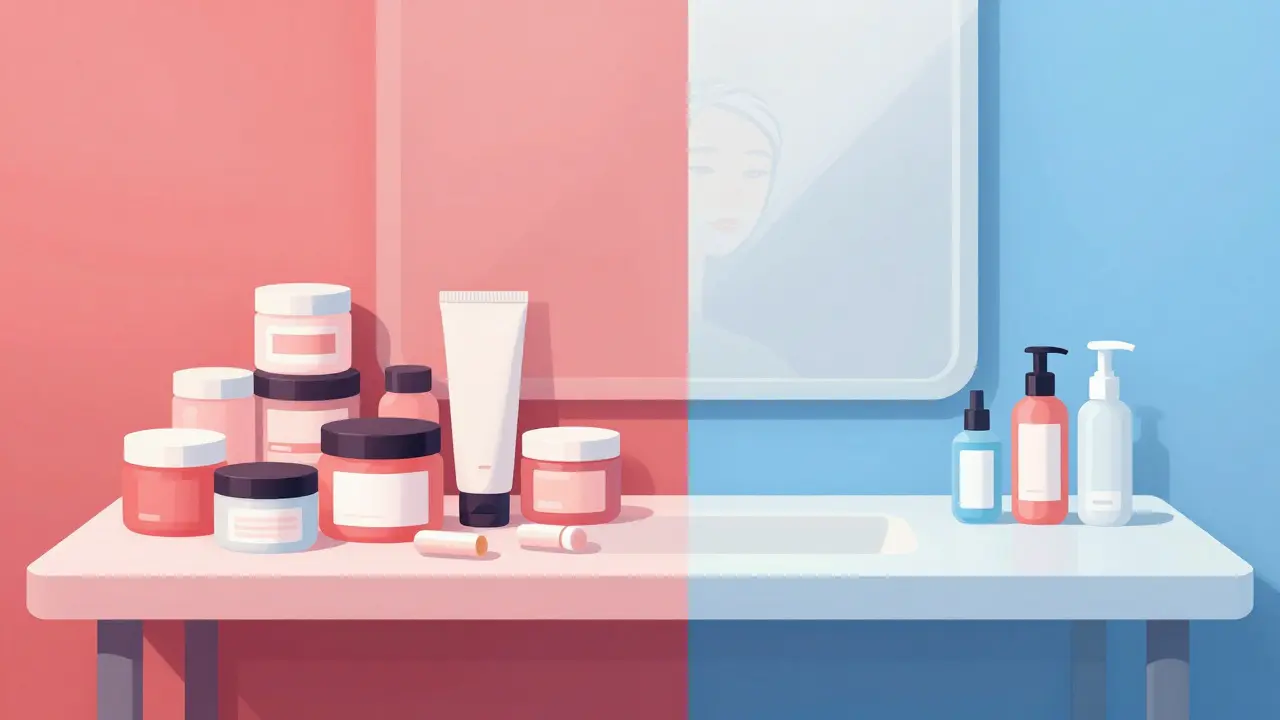 Rozdělený obraz: chaos 15 produktů naproti minimální rutině s zdravou pletí v zrcadle.