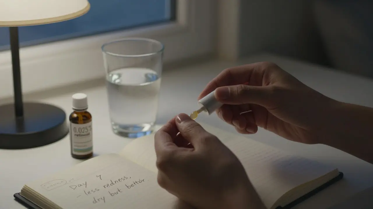 Ruce aplikují retinoid večer vedle poznámek a sklenice vody v měkkém světle noční lampy.