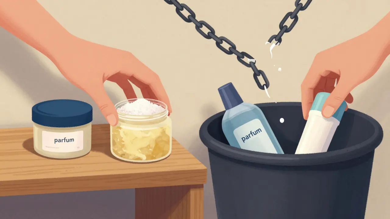 Ruka ukládá přírodní krém na poličku, zatímco odpadkový koš přijímá chemické produkty.