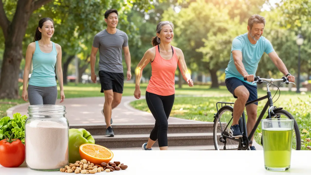 Různí lidé pohybující se bez bolesti v parku, s podpůrnými doplňky a zdravou stravou na popředí.