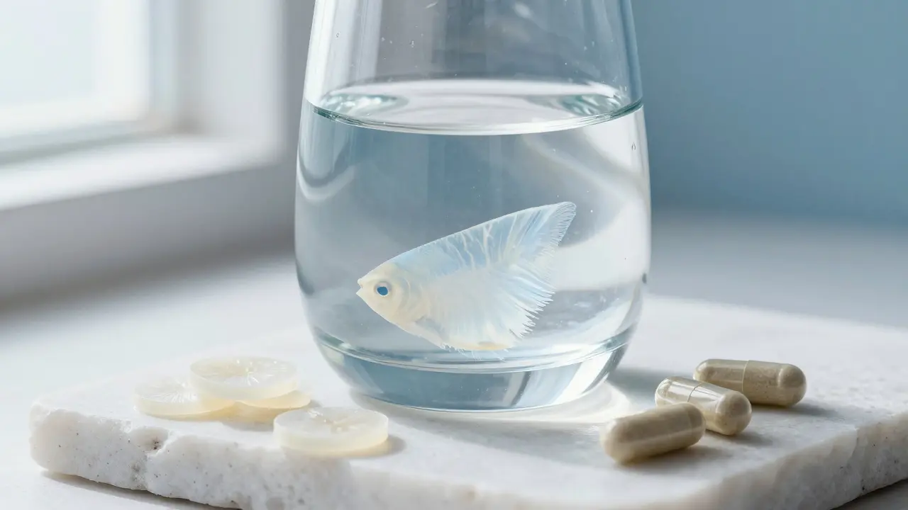 Sklenice s vodou a rybí šupiny symbolizující mořský kolagen.