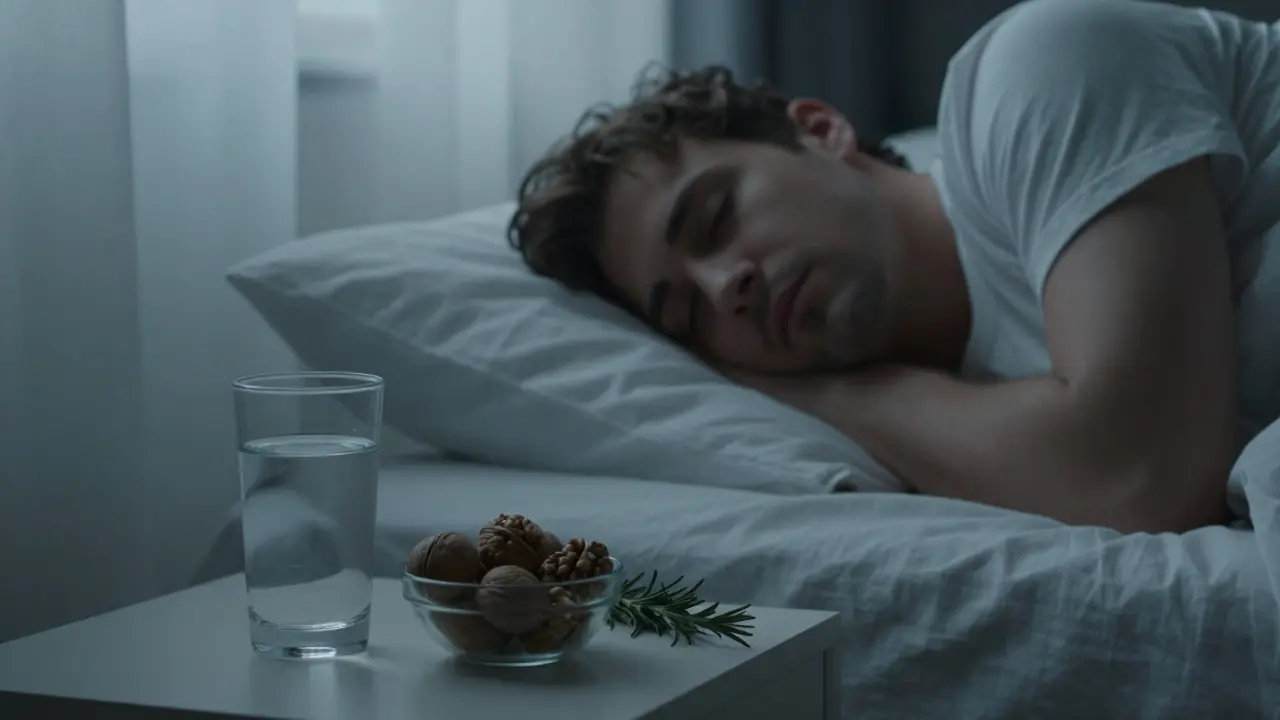 Spící člověk v tiché ložnici s vodou a vlašskými ořechy na nočním stolku.