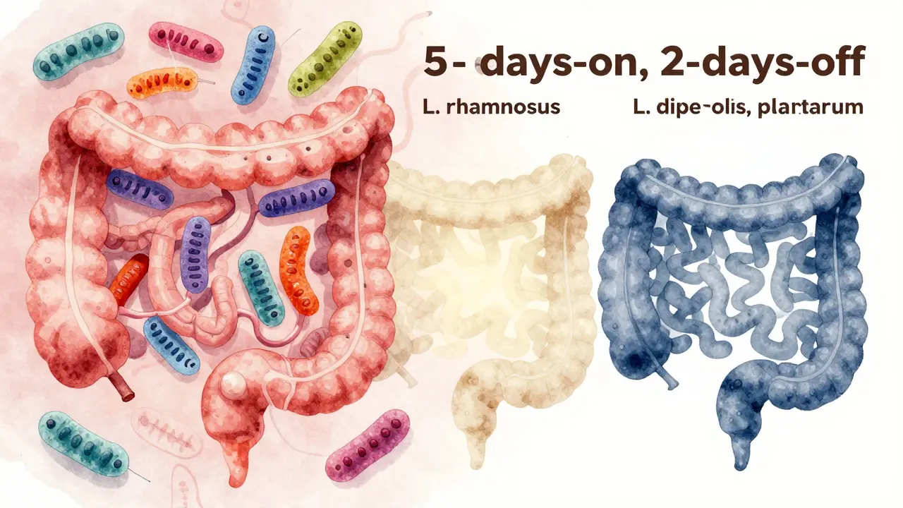 Střevo jako živý ekosystém s různými druhy laktobacilů a obdobími odpočinku.