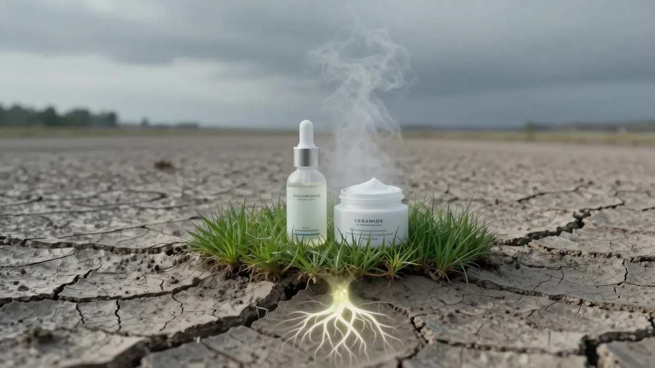 Suchá země s jednou obnovovanou oblastí, kde jsou hydratační produkty a mlha, symbolizující obnovu pleti.
