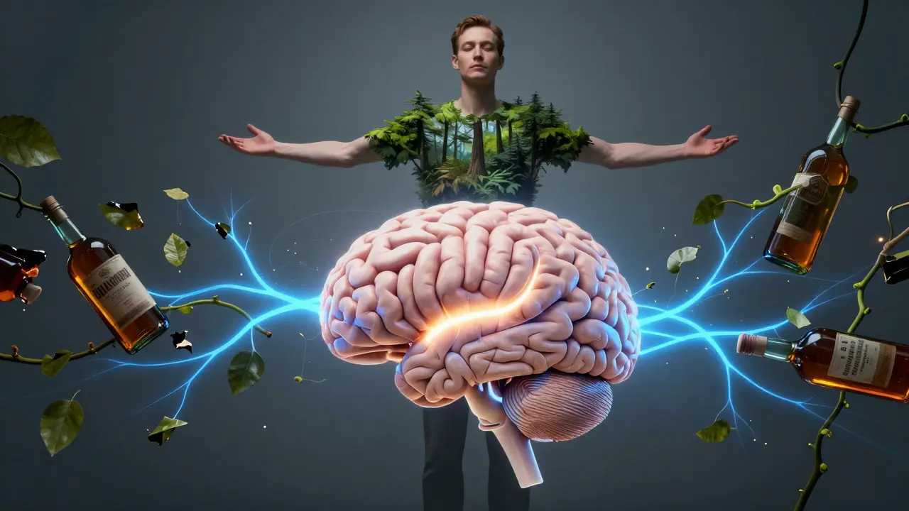 Svítící mozek s aktivními neuronovými cestami, kde alkoholové lahve mizí v listech — znázorňující obnovu mentální jasnosti.