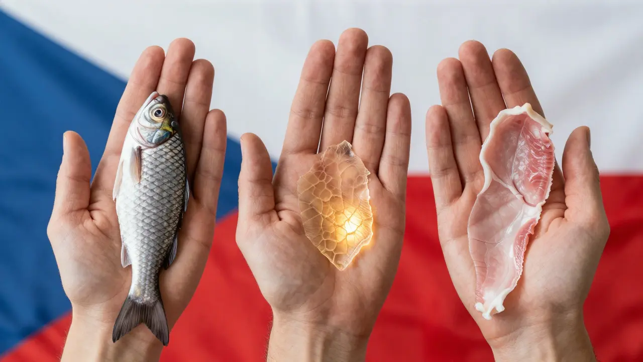 Tři druhy kolagenu: mořský, hovězí a vepřový, mořský září zlatou barvou.