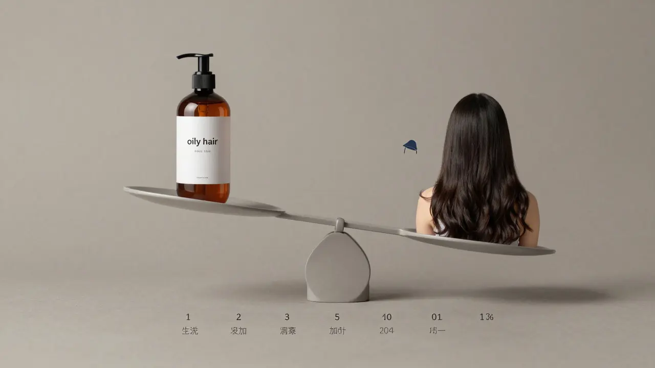 Váha s balíčky pro mastné a suché vlasy, kalendář s mytím a odpočinkem, symboly suchého šamponu a klobouku.