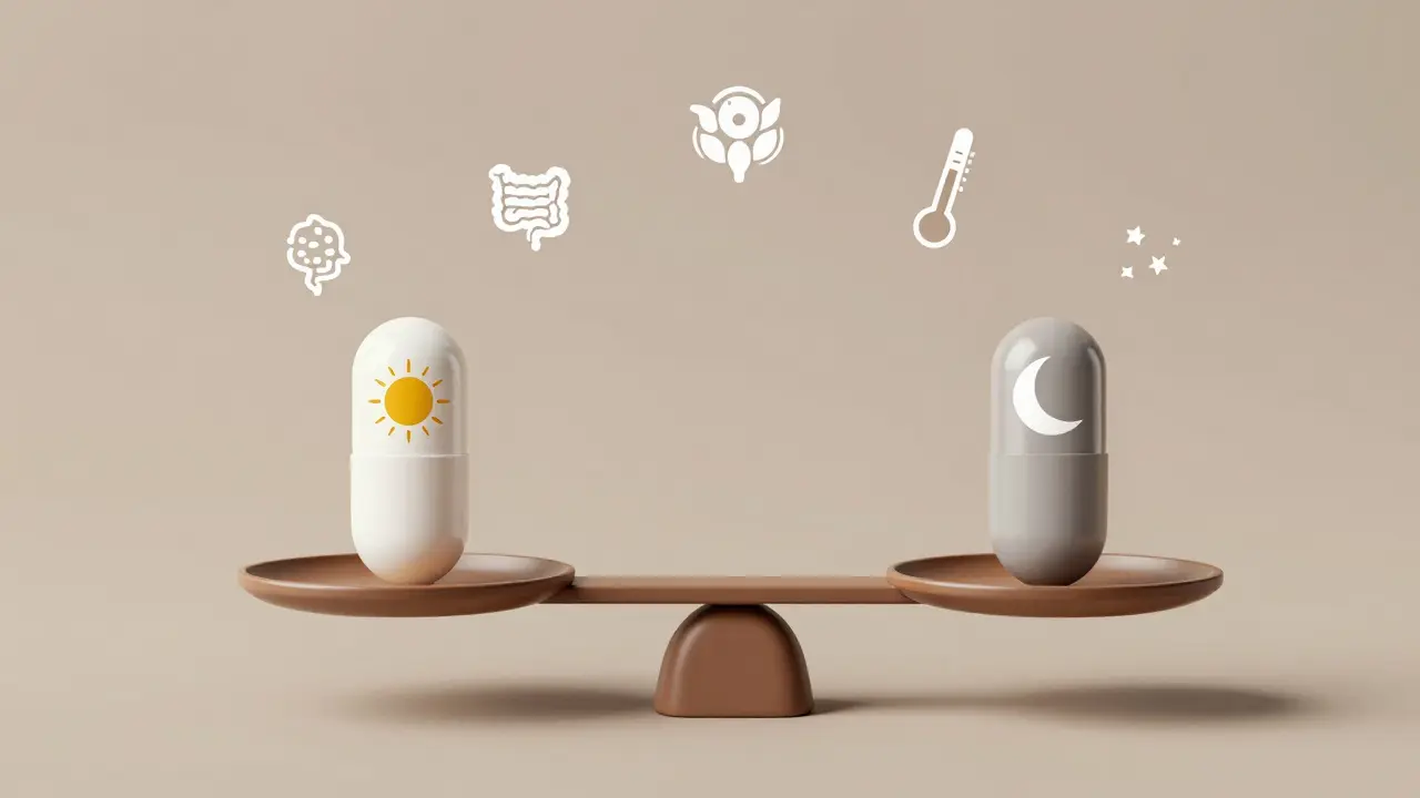 Váha symbolizující rozdílné časy užívání probiotik s příslušnými kmeny a potravinami.