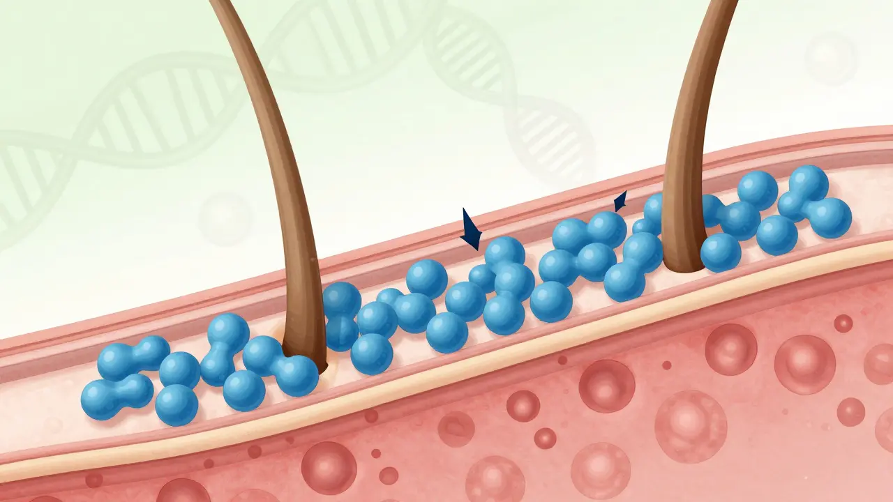 Vnitřní řez vlasovým folikulem s molekulami mořského kolagenu stimulujícími tvorbu keratinu a kolagenu, vědecký názorný obrázek.