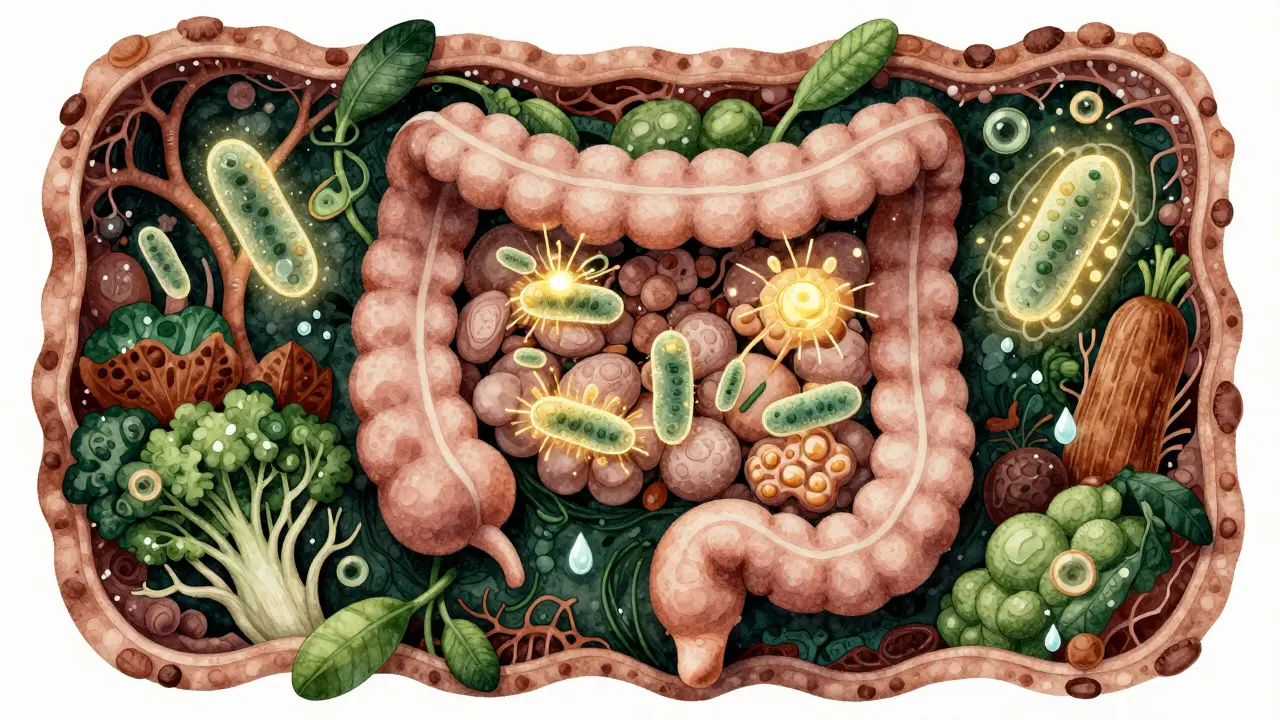 Vnitřní střevo jako živý ekosystém s probiotickými bakteriemi živícími se z vlákniny a kvašených potravin.