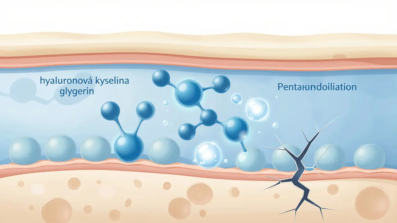 Vnitřní struktura pleti s molekulami hydratantů a emolientů, které zachycují a uzavírají vlhkost.