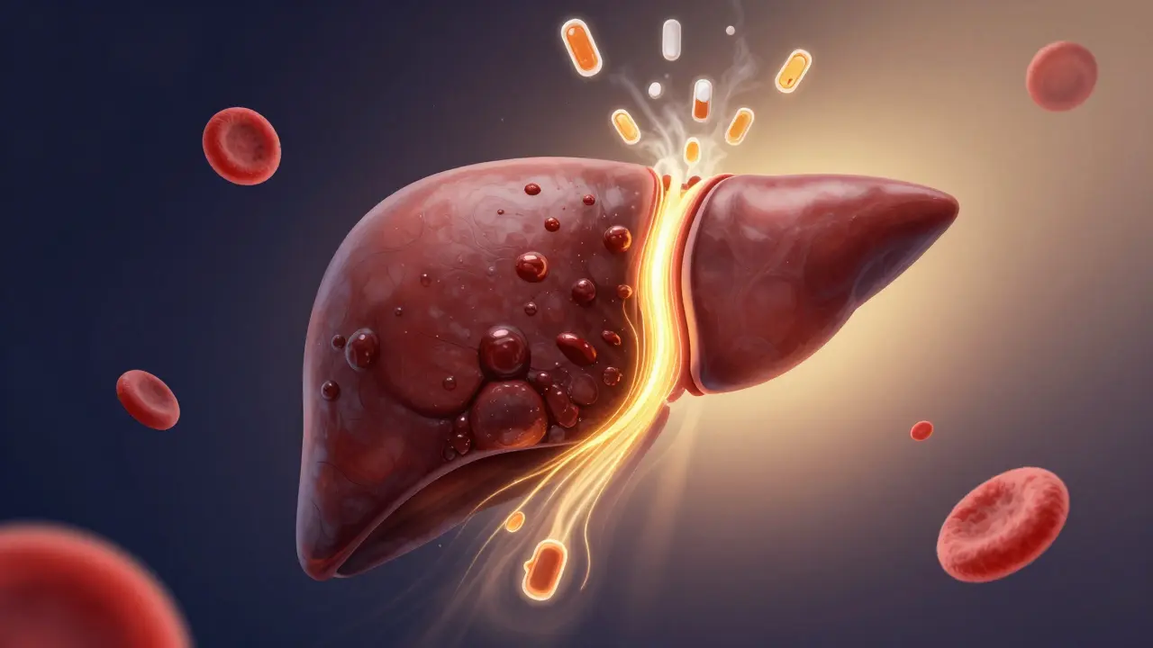 Zdravá játra převracející tukové záněty na čistou tkáň s průsvitným zlatým světlem, symbolizující detoxikaci.