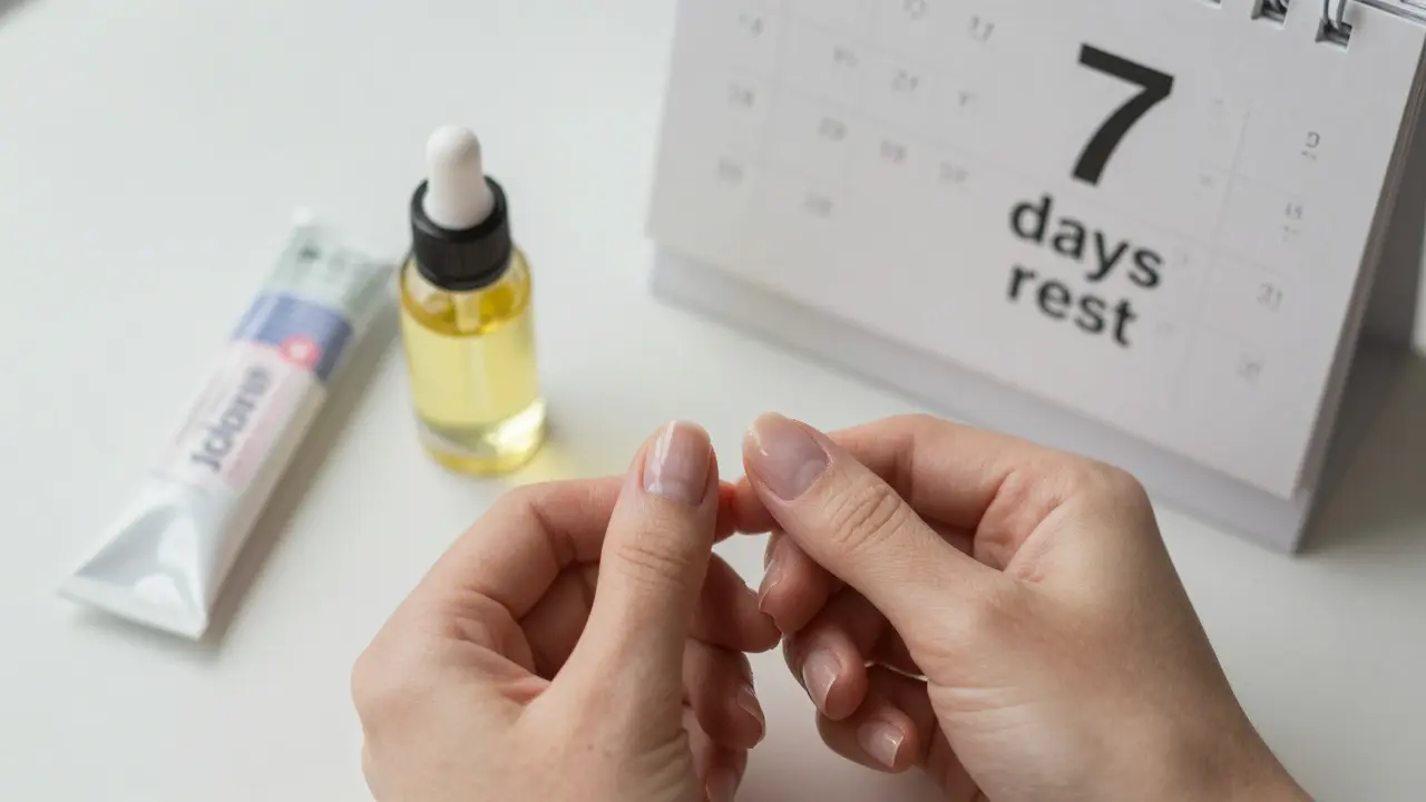 Zdravé nehty po sundání Shellacu s olejem a krémem, připravené k hydrataci a odpočinku.