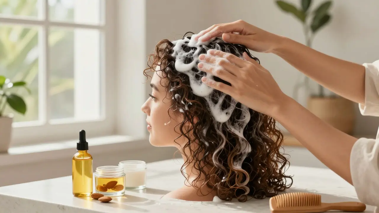 Žena aplikuje kondicionér na kudrnaté vlasy, vedle ní jsou láhve přírodních olejů a dřevěný česací hřeben.