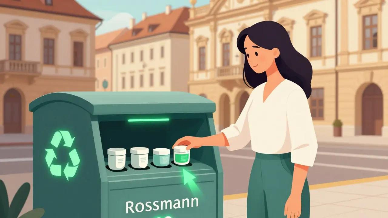 Žena v Brně vyhazuje starou kosmetiku do speciálního kontejneru u drogerie.