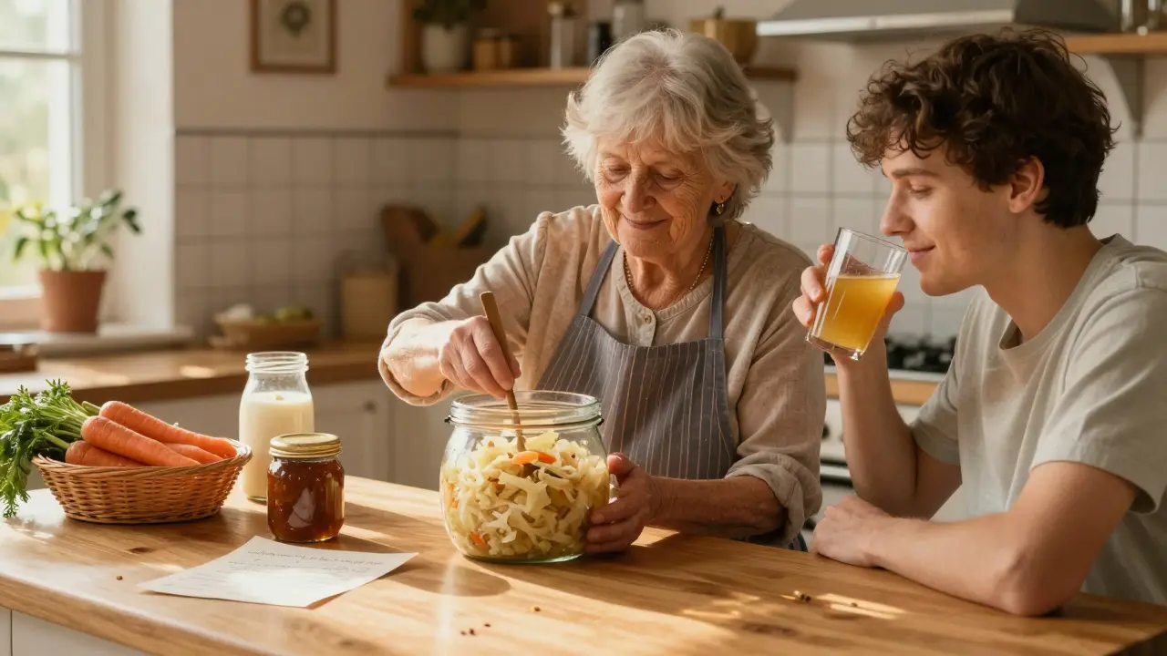 Žena v české kuchyni kvasí zelí v slunci, mladý člověk pije kombuchu — tradice a zdraví.