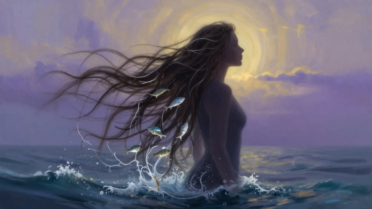 Ženská silueta s vlasy, které se mění z tenkých na husté, vlny oceánu pod ní přeměňují šupiny ryb v vlasy, dreamy atmosféra.