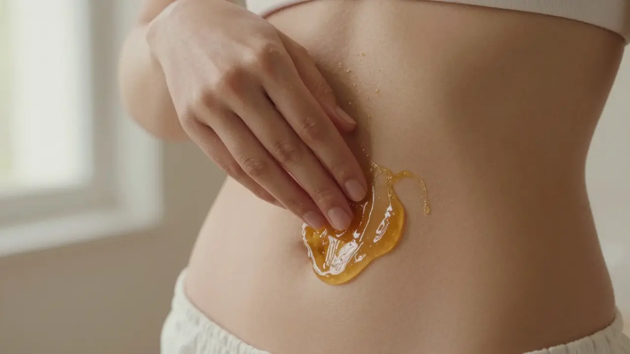 Aplikace zlatavé cukrové pasty na pokožku břicha za přirozeného světla.