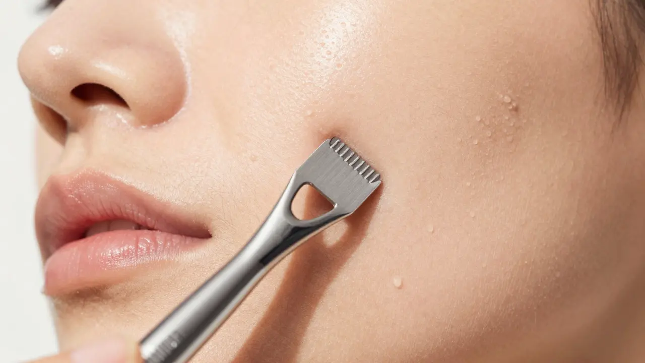 Detail procesu dermaplaningu, který odstraňuje jemné chloupky z tváře.