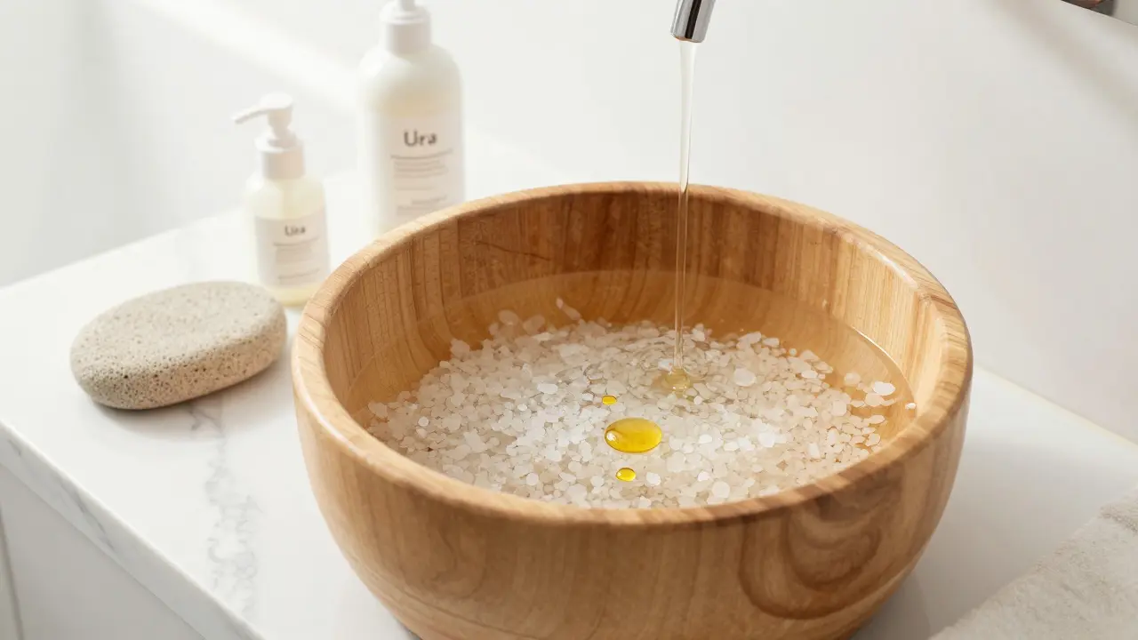 Domácí lázeň pro nohy s pumicem a krémem s ureou v koupelně.