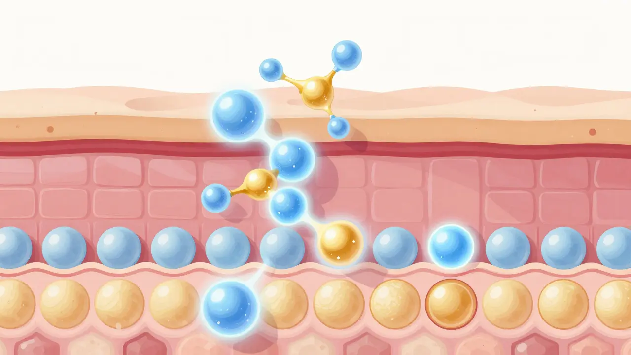 Ilustrace vrstev kůže se zlatými molekulami opravujícími bariéru.
