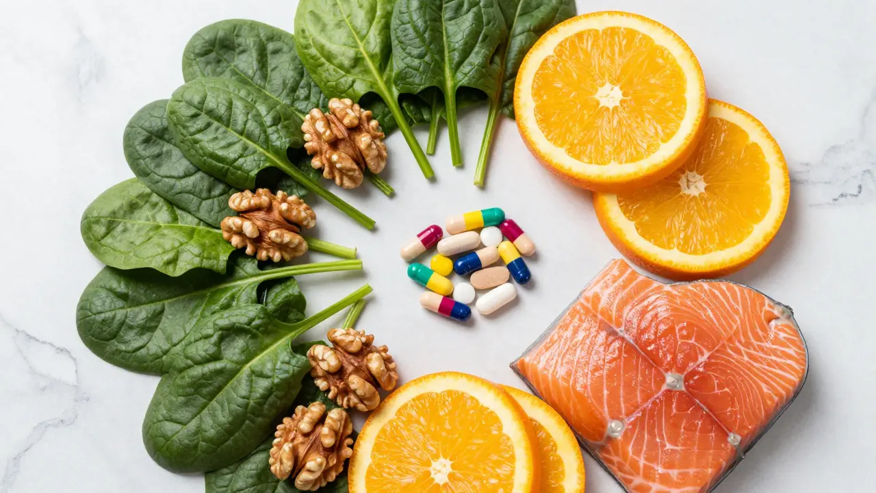 Kombinace doplňků stravy a zdravých potravin jako špenCátu a citrusů.