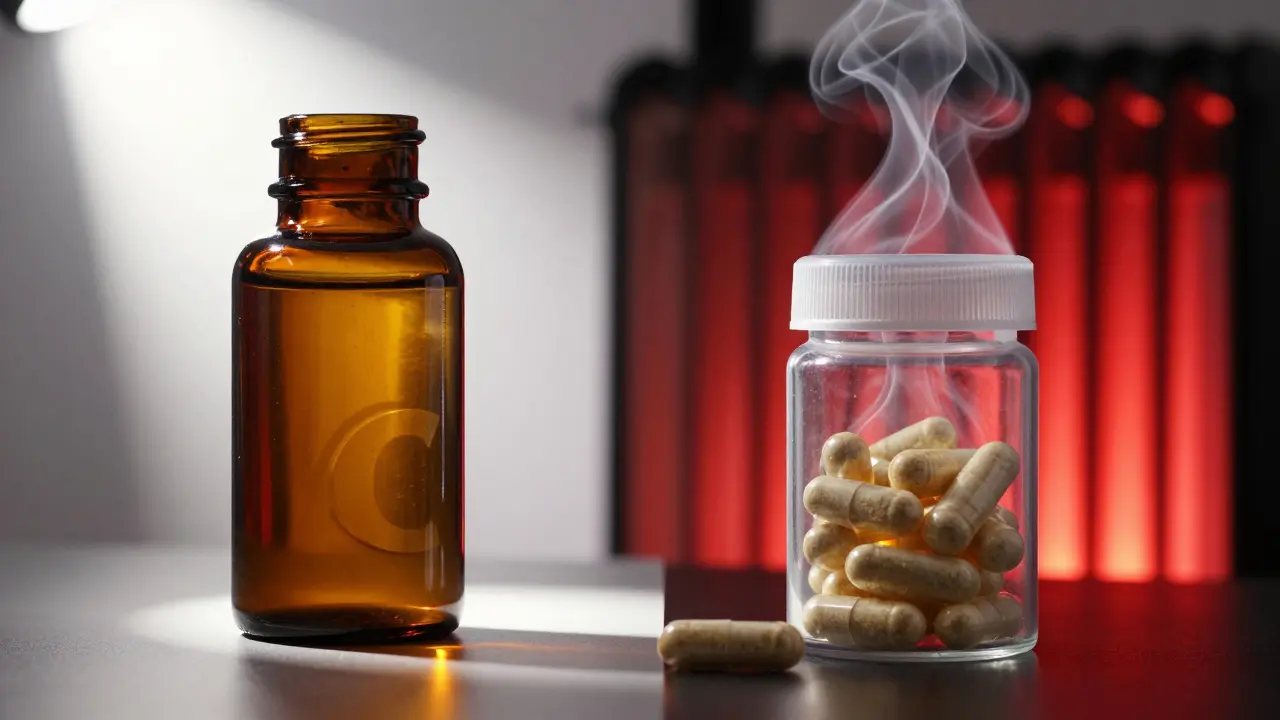 Kombinace vitamínů vystavených přímému slunečnímu světlu a žáru radiátoru.