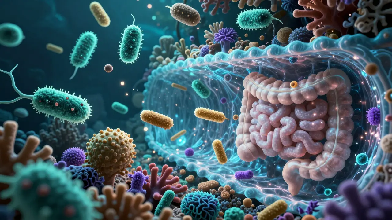 Koncepční 3D zobrazení diverzity bakterií v lidském střevním traktu.