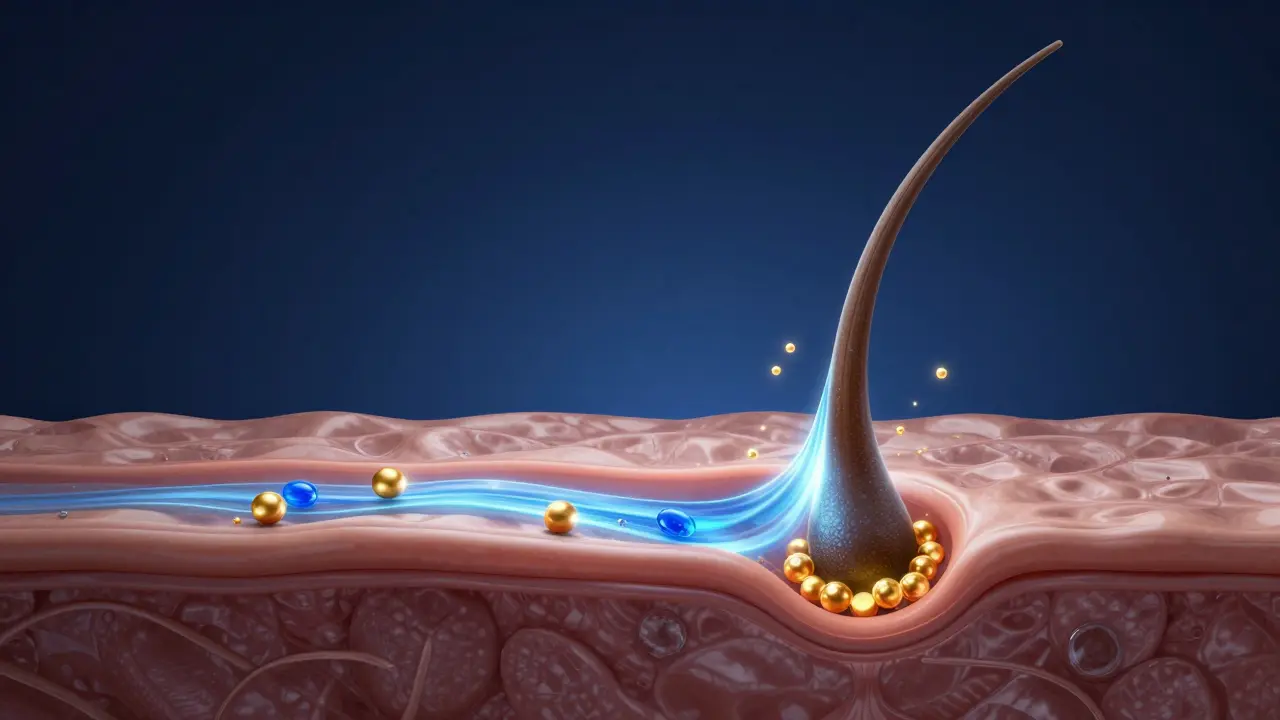 Konceptuální ilustrace vlasového folikulu s proudem vitamínů a minerálů.