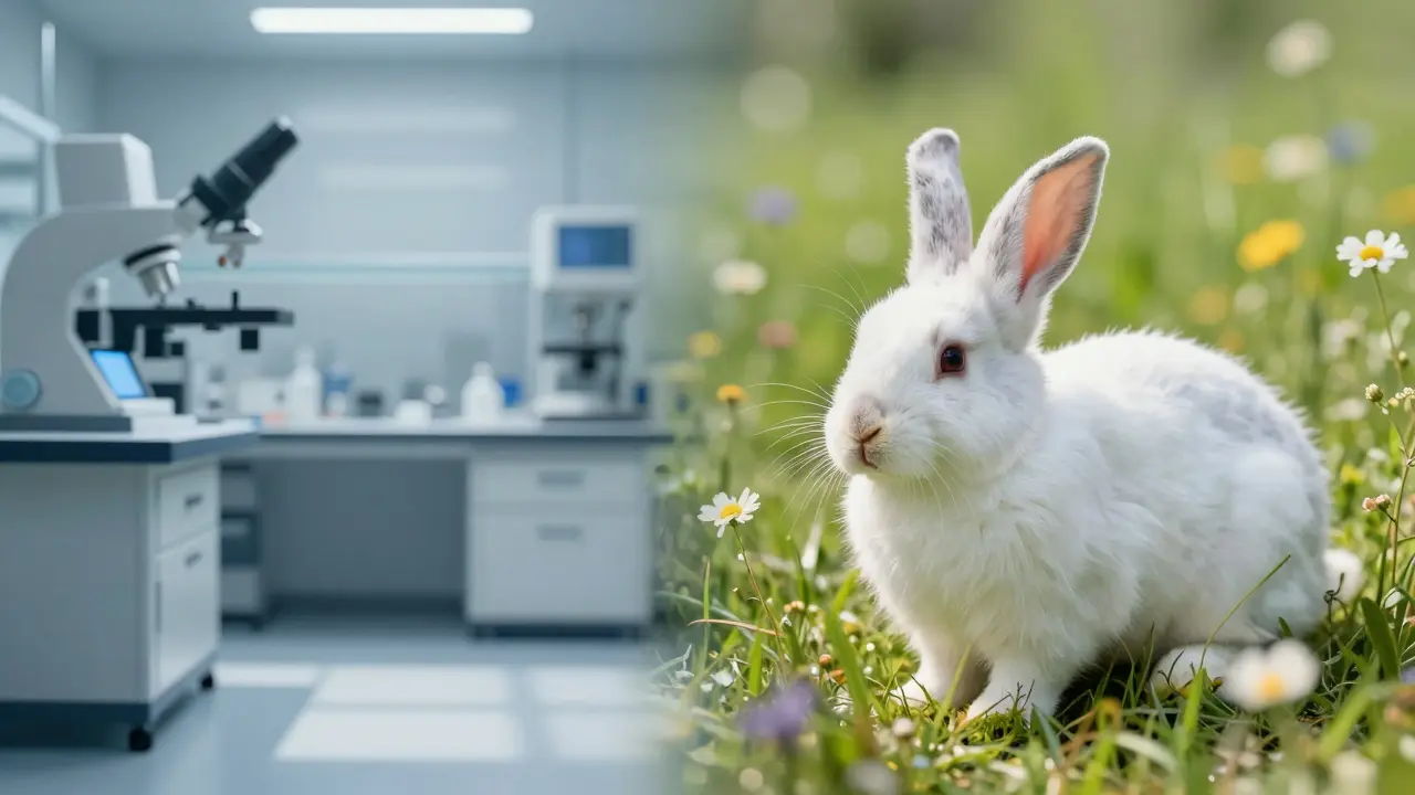 Konceptuální obraz kontrastu mezi sterilní laboratoří a volným králíkem v přírodě.