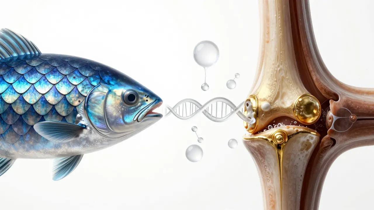 Konceptuální zobrazení mořského kolagenu pro pleť a hovězího pro klouby.