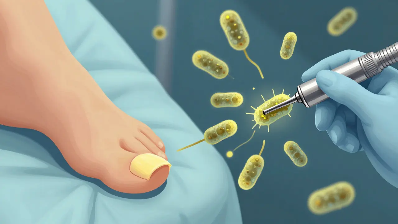 Konceptuální zobrazení plísně nehtů a rizika šíření pomocí přístrojů.