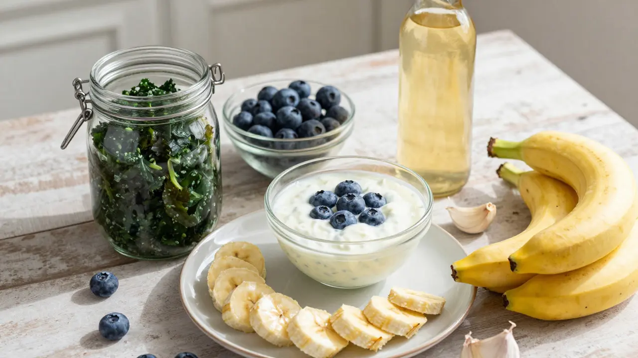 Kvasená zelenina, kefír a kombucha jako přirozené zdroje probiotik na stole.