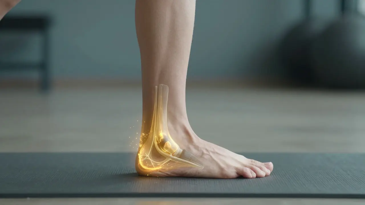 Osoba při protahování kotníku s přiznaným zlatým svěчением symbolizujícím regeneraci šlachy.