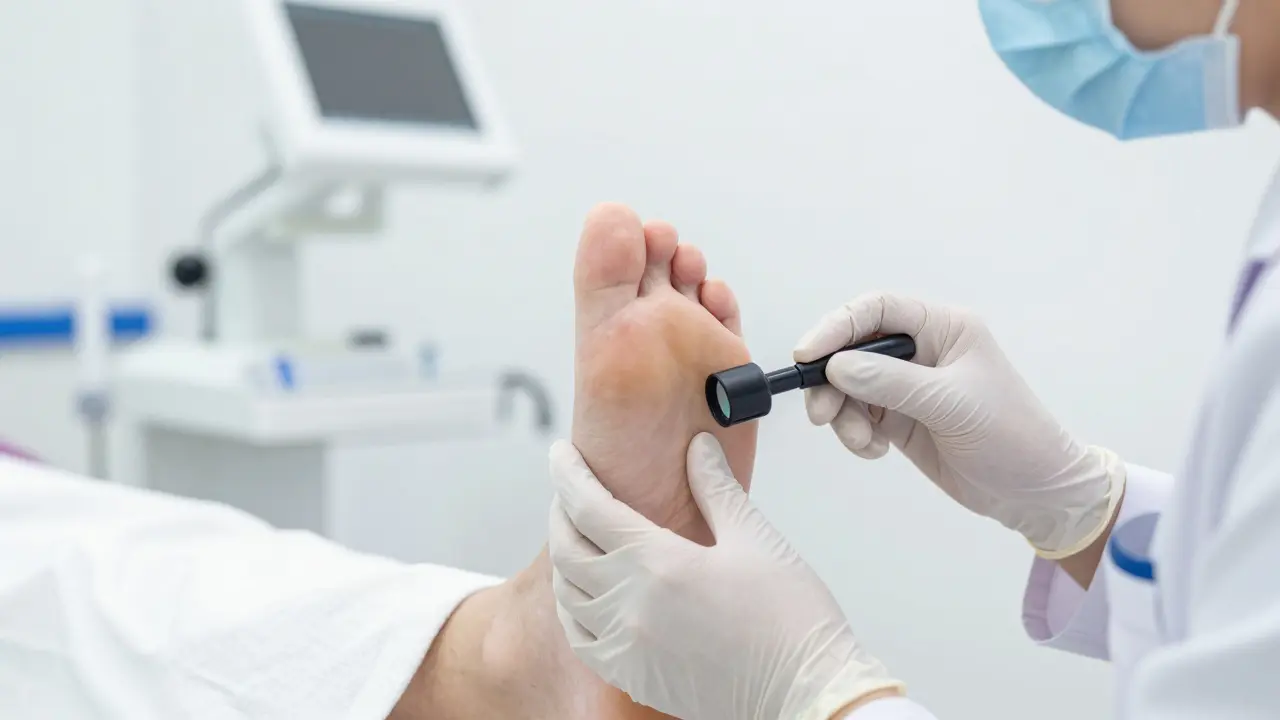 Podolog v rukavičkách zkoumá nohu pacienta v sterilním prostředí.