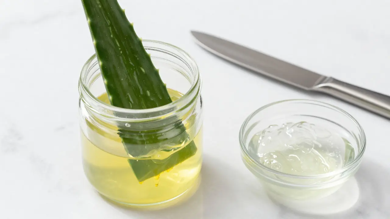 Proces odtékání žlutého aloeinu z řezaného listu aloe vera do sklenice.