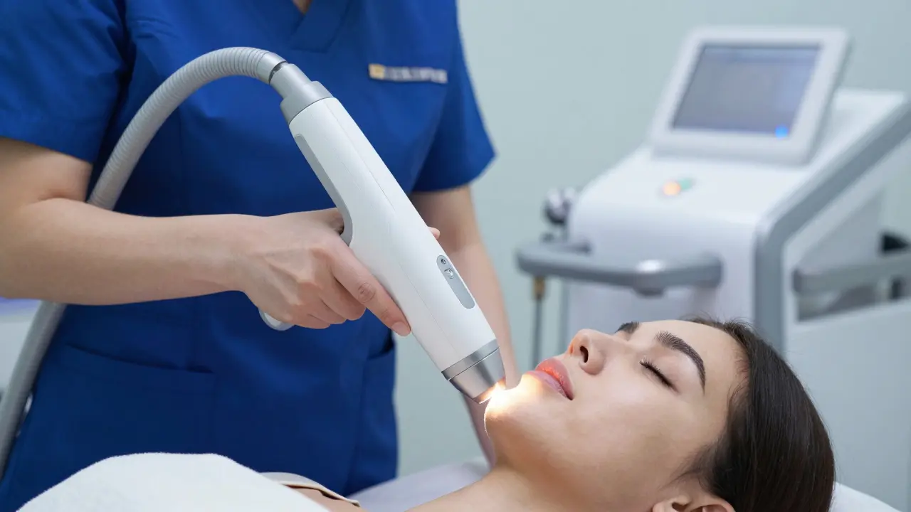 Profesionální laserová epilace bradového områdetka v klinickém prostředí.